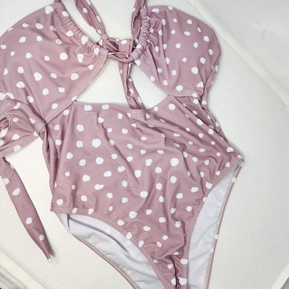 New Sexy One Piece Strappy High Waist Swimsuit Polka Dot‎ Blush Pink Size S